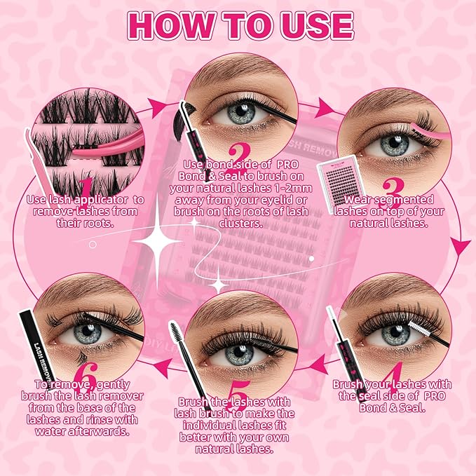 Wispy Lash Clusters Kit Spikes Eyelash Clusters Kit 3D Effect Eyelash Extensions Kit with Remover for Lash Extension, Bond,Seal and Tweezers by PRO