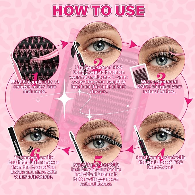 PRO LASHBEAUTY Wispy Lash Clusters Kit with Eyelash Clusters Lash Bond and Seal Eyelash Applictor Lash Remover Lash Extension Kit for Beginner Waterproof Resuable Lashes at Home (Sunrise,8-16mix)