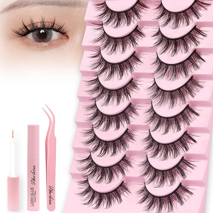 Ahrikiss Lashes Manga Lashes Anime Wispy False Eyelashes 8 Pairs Faux Mink Lashes Kit with Lash Glue and Lash Tweezers Soft Fluffy Fake Eyelashes Natural Look (Princess Kit)