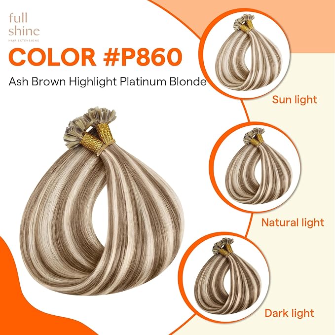 Full Shine Utip Hair Extensions Human Hair Ash Brown Highlight Platinum Blonde 14 Inch 40 Grams Keratin Human Hair Extensions Natural Straight Remy Hair for Women