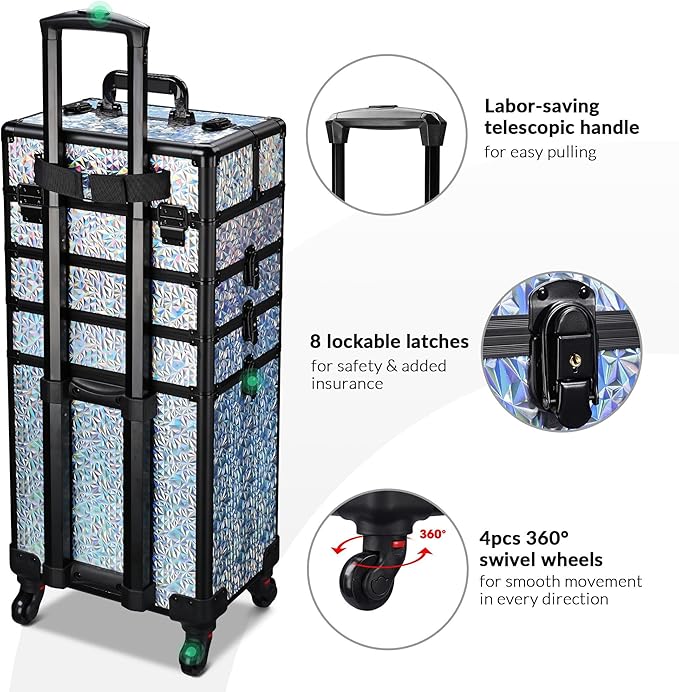 BYOOTIQUE Rolling Makeup Cart on Wheels False Eyelash Storage Nail Tech Carrying Organizer Box for Nail Artist Beauty Studio Barbershop Hairstylist,Mermaid Silver