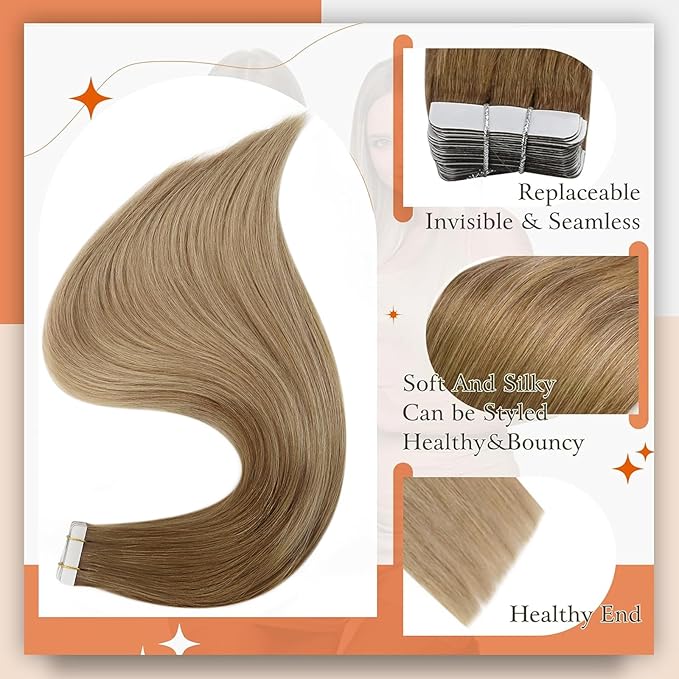 Full Shine Tape in Hair Extensions Real Human Hair 20 Inch Tape in Extensions Human Hair Color 10 Golden Brown to 14 Dark Blonde Remy Balayage Hair Extensions Tape ins 20 Pcs 50 Gram Straight Hair