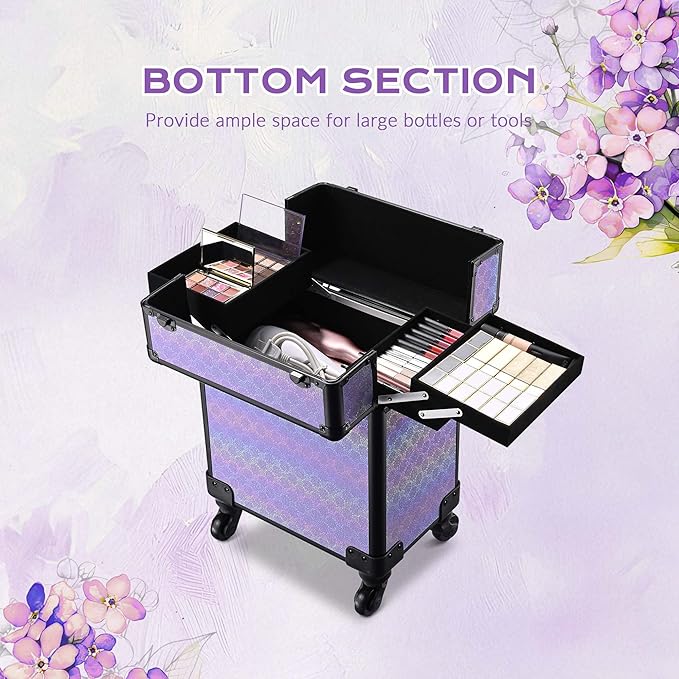 BYOOTIQUE Makeup Rolling Case Nail Cart Organizer with Wheels False Eyelash Storage Hairdressing Brush Bags for Beauty Salon Hairstylist Barbershop,Charm ForgetMeNot