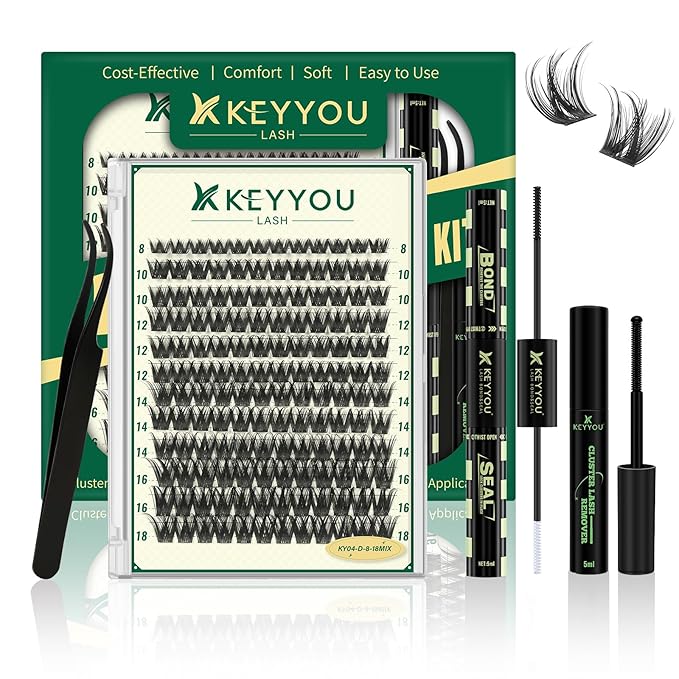 KEYYOULASH Lash Clusters Kit 144pcs 8-18MIX Lash Clusters Volume Thick Lash Extension Kit with Lash Bond and Seal,Remover,Applicators for DIY Eyelash Extension Kit at Home (KY04 Kit)