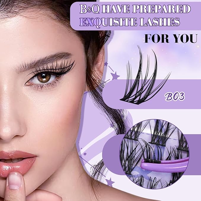 B&Q Wispy Lash Clusters Kit B03, DIY Lash Extension Kit 156PCS Eyelash Extension Kit, Soft Natural Lash Clusters 8-18MIX D Curl Lash cluster, Thin Black Band Cluster Eyelash Extensions (B03 Set)