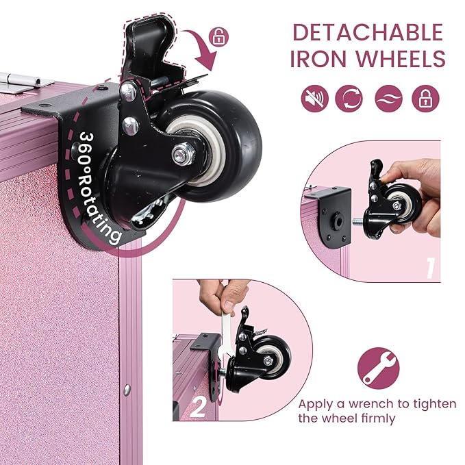 Joligrace Rolling Manicure Table 5 Drawers Foldable Nail Desk Cosmetology Case on Wheels Makeup Case with Brush Pouch for Technician Workstation Mobile Makeup Artist Trolley, Shiny Pink