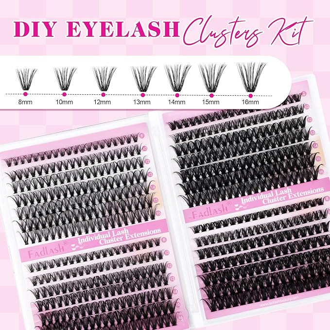 FADLASH Lash Clusters Kit 560Pcs Eyelash Clusters Kit 8-16mm Individual D Curl Cluster Eyelash Extensions with Lash Bond and Seal Lash Tweezers (30D+40D+50D+60D Kit 8-16mm)