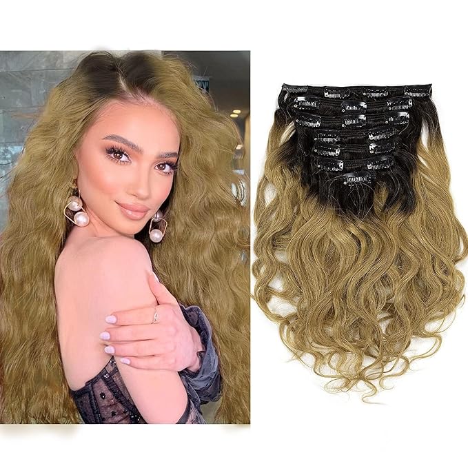 Caliee Natural Wave Human Hair Curly Clip in Hair Extensions Ombre Natural Black Fading into Strawberry Blonde Clip Ins 16Inch 120G Remy Human Hair Extensions for Black Women 7Pcs