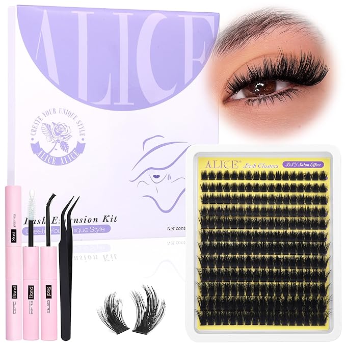 ALICE Fluffier Volume Lash Clusters Kit - Wispy Eyelash Clusters Kit 204pcs Thick 100D Spiky Russian D-Curly Anime Eyelash Extension Kit - Individual Lashes Kit with Lash Glue for DIY at Home