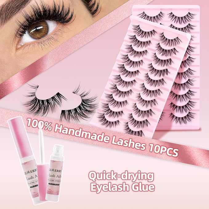 GEMERRY Fluffy False Eyelashes Kit with Strip Lash Glue, Mink Wispy 10 Pairs Fake Eyelashes, Soft & Comfortable Synthetic Fibers, Vegan