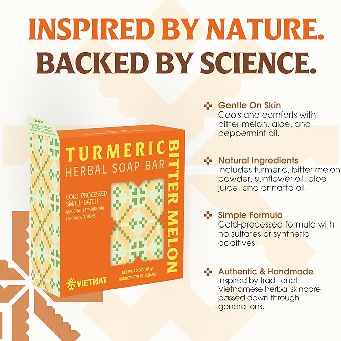 Turmeric & Bitter Melon Soap Bar (Pack of 5) – Cold Process Handmade Soap, 2-in-1 Cleansing & Refreshing Body Bar with Vietnamese Herbs, Plant-Based Formula