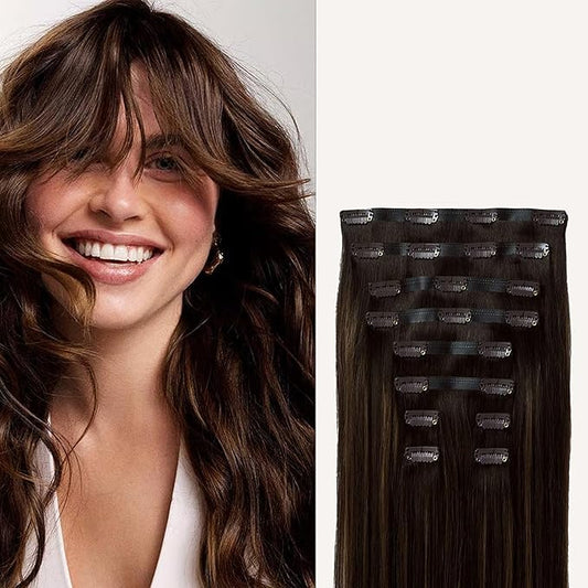 Luxy 100% Remy Human Hair - Seamless Clip-In Hair Extensions - Multi-Dimensional Color for Natural Blending, Adds Volume & Length 150 grams 12" Dimensional Rooted Honey Espresso