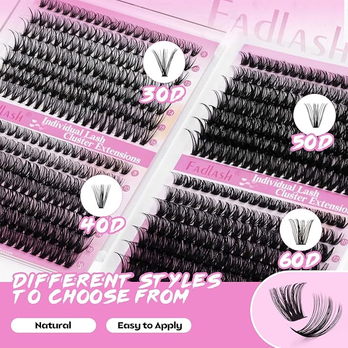 FADLASH Lash Clusters 30D+40D+50D+60D Eyelash Clusters 560PCS Individual Lashes D Curl Natural Lashes Clusters 8-16mm Wispy Cluster Eyelash Extensions for Beginners