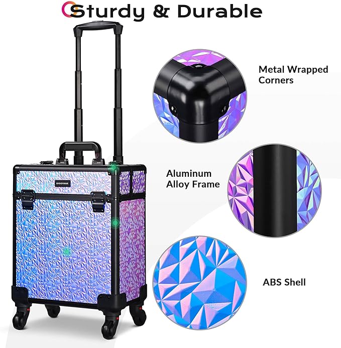 BYOOTIQUE Rolling Makeup Case on wheels Nail Traveling Organizer box False Eyelash Storage for Nail Technician Beauty Salon Barbershop Hairstylist,Mermaid Purple