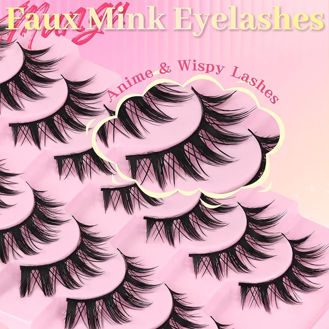 Ahrikiss Lashes Spiky Manga Lashes Anime False Eyelashes 8 Pairs Faux Mink Lashes Cosplay Thick Fake Eyelashes Soft Strip Lashes 8-16mm Wispy Fake Lashes Natural Look (Fairy)