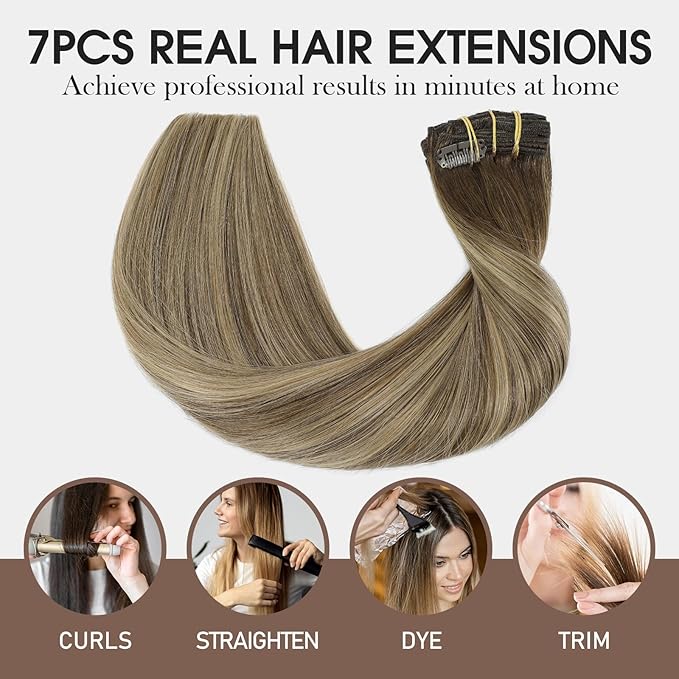 VINBAO Long Balayage Clip in Hair Extensions Real Human Hair, 22inch 160g 7Pcs, 4/27/4 Balayage Chocolate Brown to Caramel Blonde, Thick Natural Human Hair (#HC4274,22'')