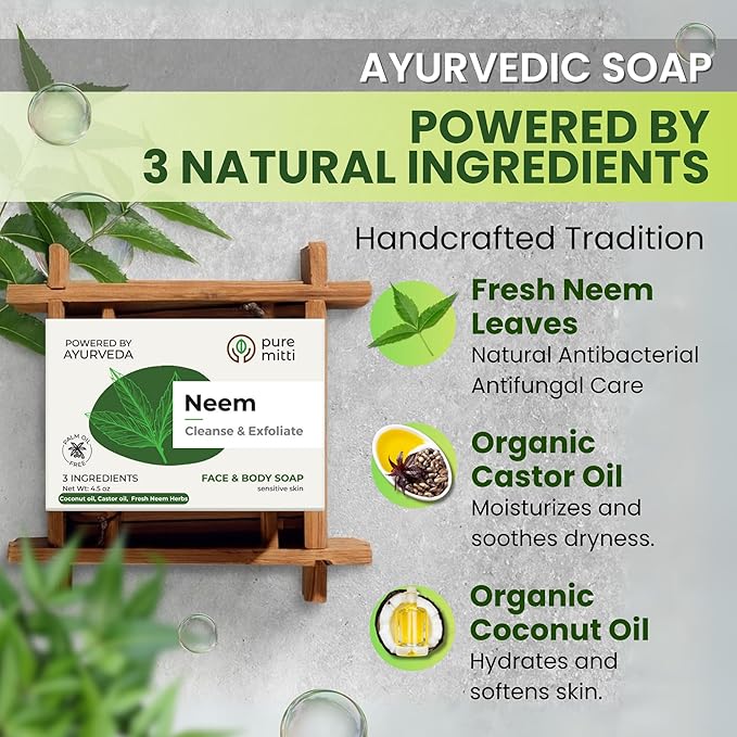Neem Face, Body Bar Soap 4.5 oz, 3 Pack | Ayurvedic Exfoliating, Cleansing Bar with Coconut Oil, Castor Oil | Gentle Bath Soaps for Face Wash, Body Wash | Soft Soap for Daily Use, All Skins
