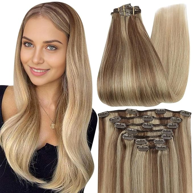 Full Shine Human Hair Clip in Extensions Balayage Clip in Hair Extensions Remy Hair Golden Brown to Dark Blonde Hair Extensions Clip ins Human Hair for Women Double Weft 7 Pcs 20 Inch 120 G