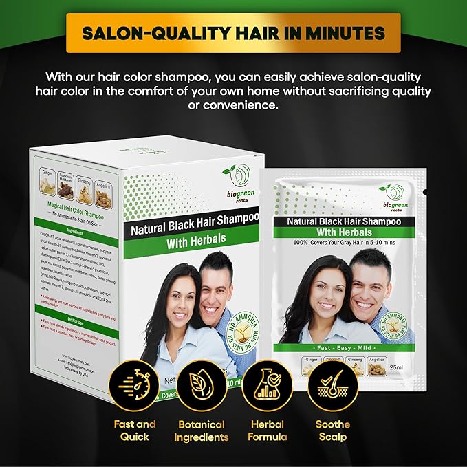 Ammonia-Free & Paraben Free Herbal Hair Shampoo - Hair Dye Shampoo for Women & Men - Natural Color & Herbal Nourishment - No Stain on Skin - Natural Black (20 sachets x 25 ml)
