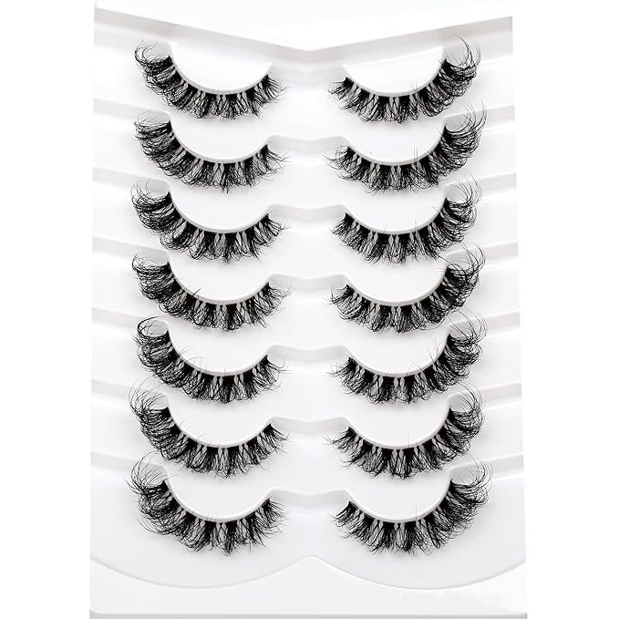 Pooplunch False Eyelash Cat Eye Wispy Lashes D-Curl Extension Volume Natural Wispies Short Clear-Band Fake Eyelashes Faux Mink Lashes Strips 7 Pairs Pack