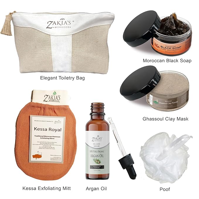 Moroccan Hammam Spa Rejuvinating Ritual Beauty Skincare Kit - 6 piece, Moroccan Orange Blossom Black Soap, Body Clay, Argan Oil, Pure & Natural, Purifying, Cleansing, exfoliating for every skin type.