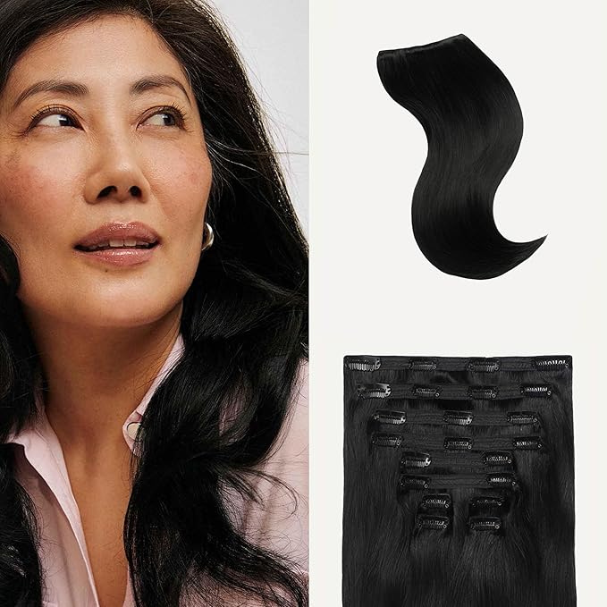 Luxy 100% Remy Human Hair, Classic 160g Clip-In Hair Extensions - 10 Wefts Multi-Dimensional Color for Natural Blending, Adds Volume & Length, Easy Apply & Remove 16" Jet Black Classic