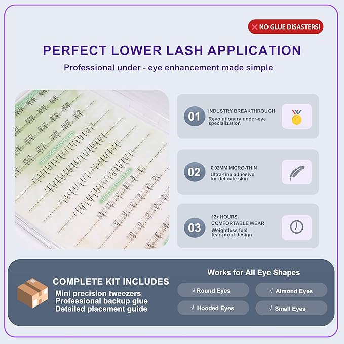 3-Style Self-Adhesive Lower Lash Clusters - 88 Pieces No Glue Needed Bottom Eyelashes Pre-Glued Natural Volume Under Eye Extensions DIY Kit