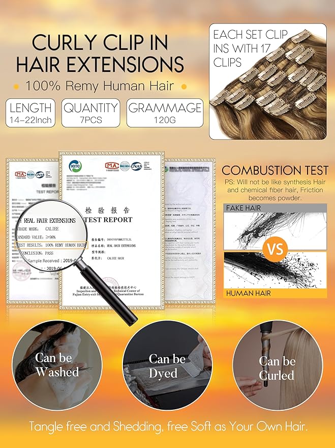 Caliee Natural Curly Clip in Hair Extensions 18 inch Human Hair Double Weft Highlighted Blond Color Natural Wave Dark Brown Color #4 Ombre Strawberry Blonde #27 Color 7Pieces 17Clips with 120g