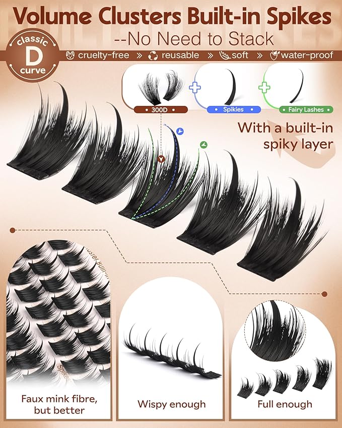 Volume Manga Lash Clusters with Spikes 300D Fairy Wispy Eyelashes Clusters Bottom Lashes Clusters Waterproof Anime Cluster Eyelash Extensions D Curl Full Eye Lash Extension