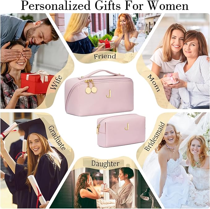 Birthday Gifts for Women Teen Girl, Personalized Initial Makeup Organizer Bag Set, Open Flat Travel Cosmetic Bag With Clear Divider and Handle(Pink,J)