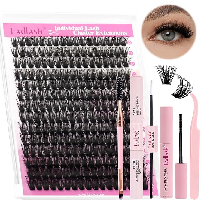 FADLASH DIY Lash Extension Kit Individual Lashes Cluster D Curl Eyelash Extension Kit D Curl Lash Clusters Lash Applicator Tool for Self Application at Home(KIT 80D-D-12-18mm)