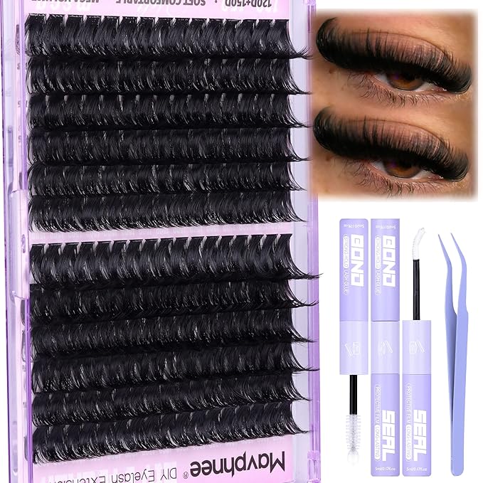 Lash Clusters Kit 14-20MM Long Eyelash Extension Kit 192Pcs Thick Volume DIY Lash Extensions Kit Soft Cluster Lashes D-Curly Individual Lashes Kit 120D+150D Mink Cluster Eyelash Extensions Kit