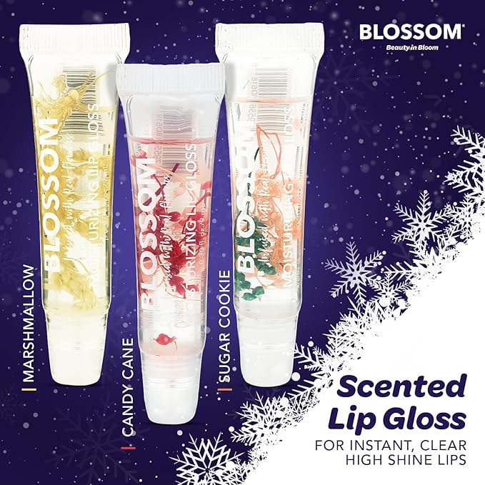 Blossom Scented Moisturizing Lip Gloss Tubes, Infused with Real Flowers, 0.9 fl. oz/27ml, 3 pack Holiday Full Size Gift Set, Candy Cane, Sugar Cookie, Marshmallow