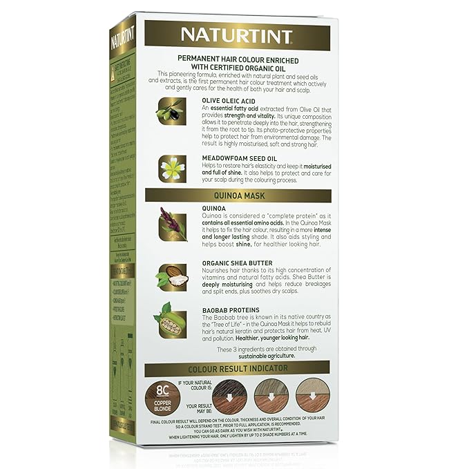 Naturtint 8C Copper Blonde Permanent Hair Color (Pack of 1), Ammonia Free, Vegan, Cruelty Free, up to 100% Gray Coverage, Long Lasting Results (Packaging may vary)