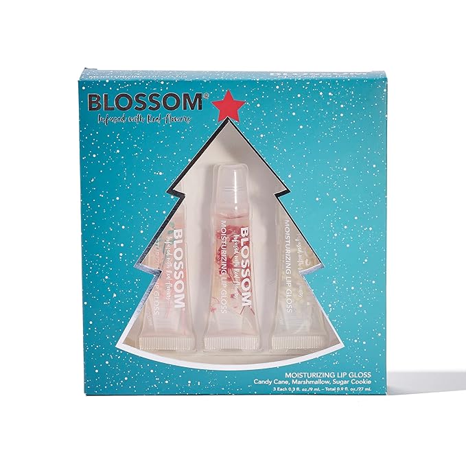 Blossom Scented Moisturizing Lip Gloss Tubes, Infused with Real Flowers, 0.9 fl. oz/27ml, 3 pack Holiday Full Size Gift Set, Candy Cane, Sugar Cookie, Marshmallow
