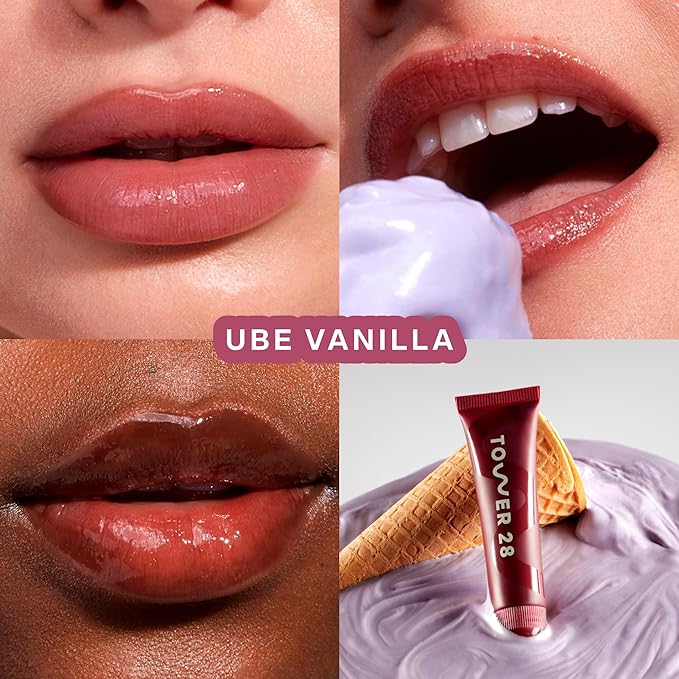 Tower 28 LipSoftie Hydrating Tinted Lip Treatment Balm, Moisturizing Lip Mask for Chapped Lips - Ube Vanilla Flavor, Sheer Burgundy Gloss