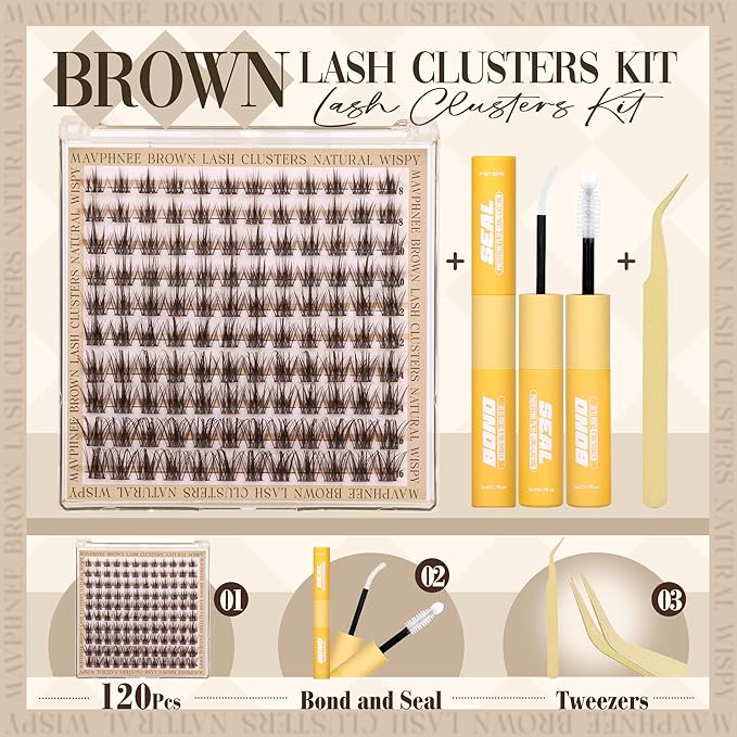 Brown Lash Clusters Kit Wispy Lashes Extensions Kit Natural Eyelash Clusters Waterproof Lash Bond and Seal Kit Dark Brown Cluster Lash C-Curly Individual Lash Pack 120Pcs DIY Lash Kit (8-16MM)