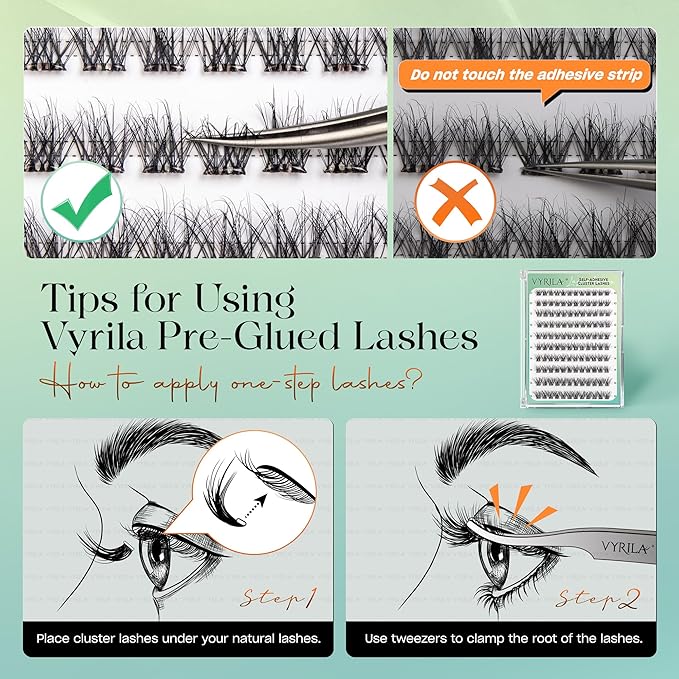 Self-Adhesive Lash Cluster, Pre-Glued Clusters, Pop-On Faux Eyelashes, 3D Thin Band D Curl Natural Look Lahses, Easy to Apply, Reusable 0.05mm Eyelash Extensions (Green Hush-D-0.05-10-16mix)
