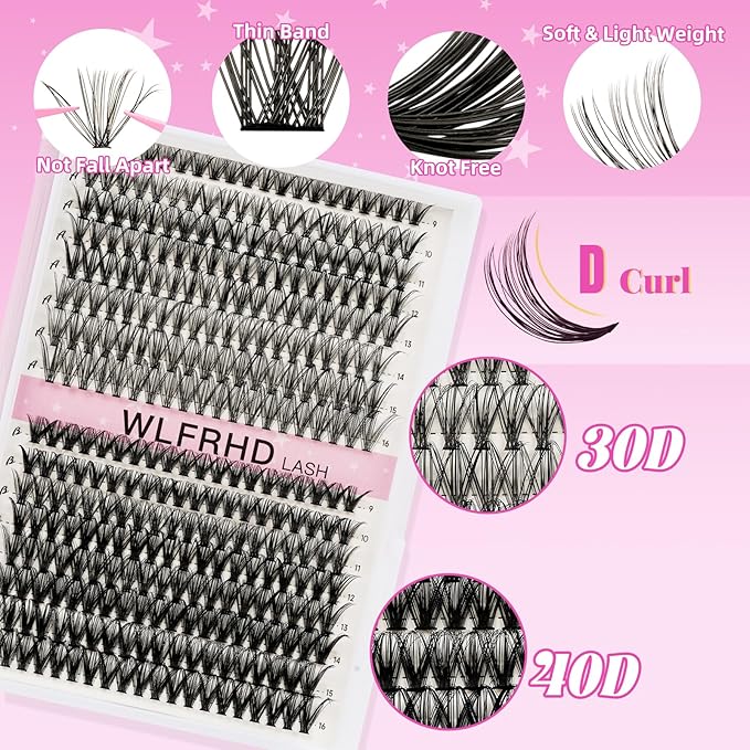 Lash Clusters Kit 320 Pcs D Curl DIY Natural Wispy Lashes Eyelashes Clusters Eyelash Extension Kit with Eyelash Bond and Seal, Remover & Tweezers (30D+40D, Mix9-16mm Kit)