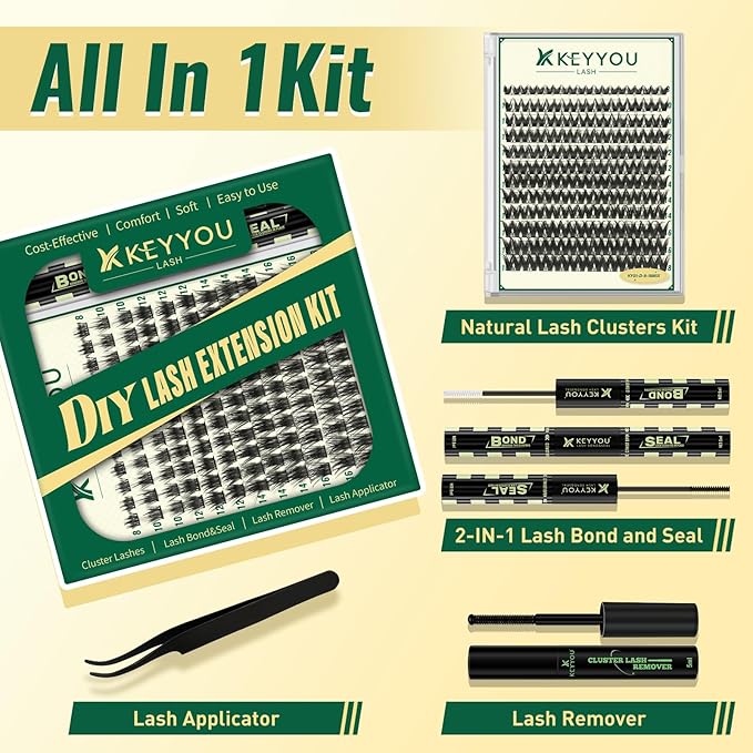 KEYYOULASH Lash Clusters Kit 120pcs 8-18MIX Lash Extension Kit Widespan Volume Lash Clusters with Bond and Seal,Remover,Applicators for DIY Eyelash Clusters at Home (KY01 Kit)