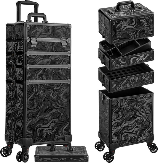 Profesional Rolling Makeup Train Case with Lid, 5 in 1 Cosmetology Case on Wheels, Large Cosmetic Trolley Organizer Travel for Hairstylist Artist Nail Beauty Salon Barber, Black Ink