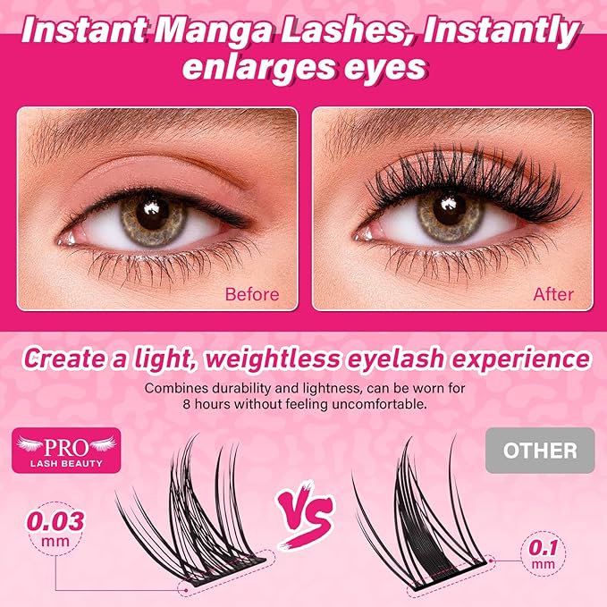 PROLASHBEAUTY Lash Clusters Kit Manga Lash Extension Kit Eyelash Extension Kit Wispy Lash Kit with Waterproof DIY Lash Extension Kit at Home (Cherry,10-18mix)