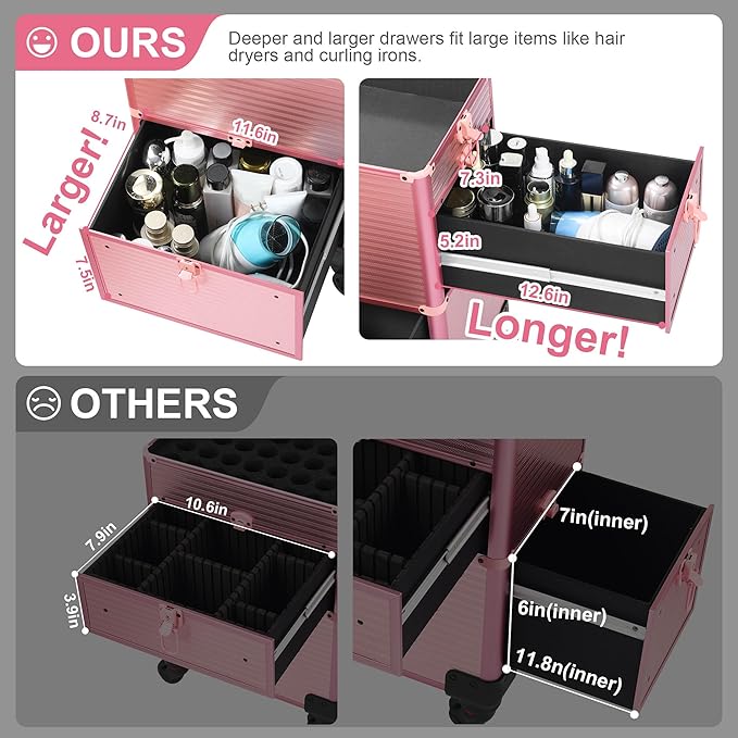 Makeup Train Case with Drawer, Rolling Makeup Case, Cosmetology Case on Wheels, Gift, Travel Makeup Organizers, Profesional Cosmetic Case for Salon Barber,Nail, Tattoo, Pink