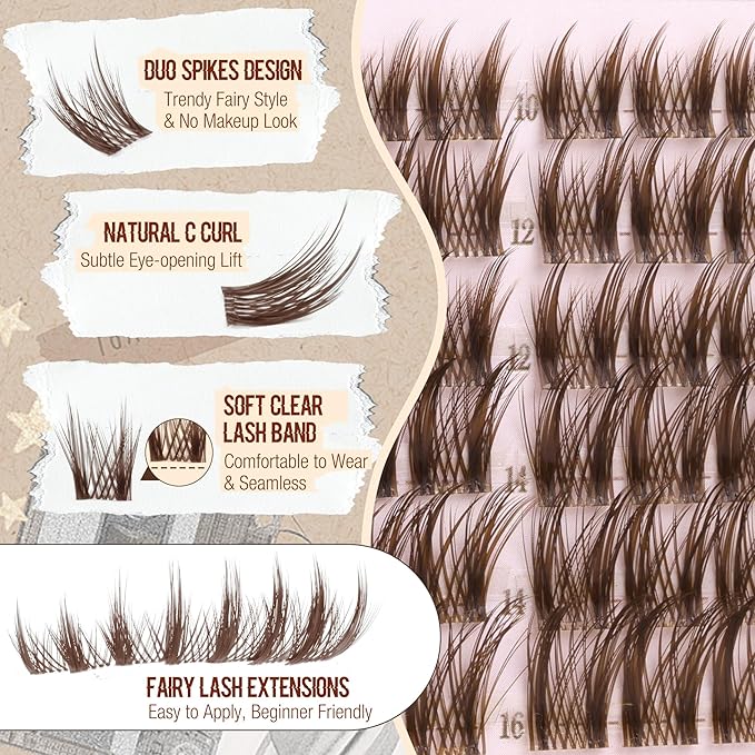Anime Cluster Lashes Brown Cluster Eyelash Extensions Fairy Eyelash Clusters Wispy Lash Clusters Dark Brown Individual Lash C-Curly Lash Extension Spiky Manga DIY Eyelashes Pack (108Pcs, 10-16MM)