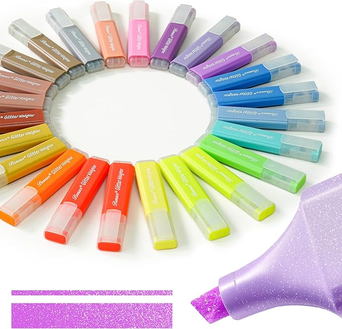 Silver Glitter Highlighters - Chisel Tip, No Bleed, Assorted Colors - 24 Pack Metallic Colors Cute Highlighter Markers, Pastel Highlighters for Journaling and School Supplies for Girls