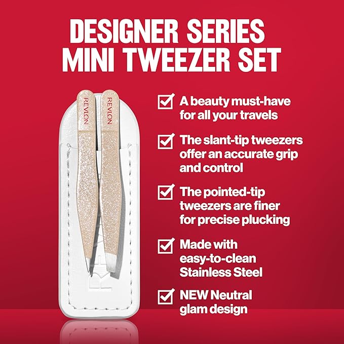 Revlon Designer Series Mini Tweezer Set, Hair Removal Tool Kit with Slant & Point Tips, Made with Stainless Steel, Stocking Stuffer for Women, 1 Count