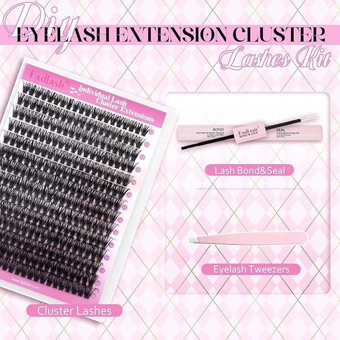 FADLASH DIY Lash Extension Kit Individual Lashes Cluster D Curl Eyelash Extension Kit with Lash Bond and Seal and Lash Applicator Tool for Self Application at Home (60D-0.07D-12-18MIX KIT)
