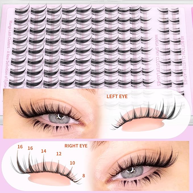 Fairy Lash Clusters Kit with Bottom Lashes Natural Eyelash Clusters Kit Wispy Lash Extensions Spikes C Curly Manga Eyelash Extensions Kit with Lash Bond and Seal Manga Wet-Look Individual Lashes Kit