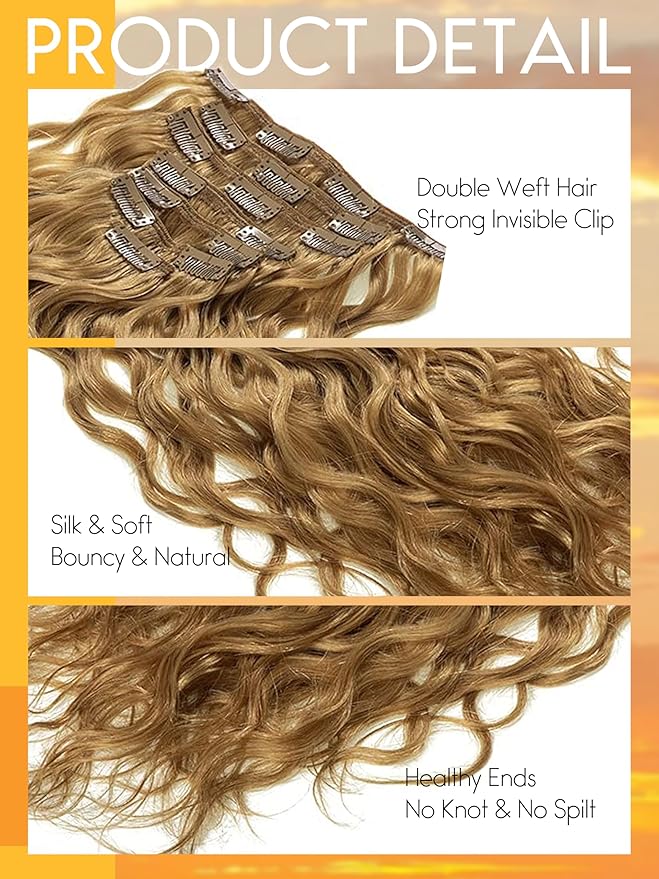 Caliee Natural Wave Curly Clip in Human Hair Extensions 18Inch Strawberry Blonde Full Head Hair Extensions for Black Women 7 Pieces Per Pack