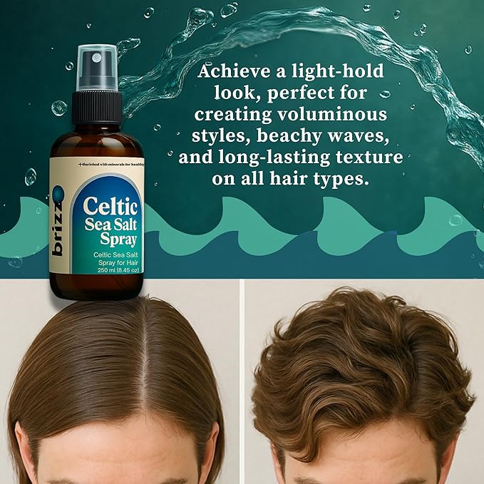 Celtic Sea Salt Hair Spray. Instant & Natural Beach Look, Volume & Texture, Celtic Sea Salt Spray with Kelp, Aloe Vera, and Hair-Strengthening Minerals. (8.45 fl oz)